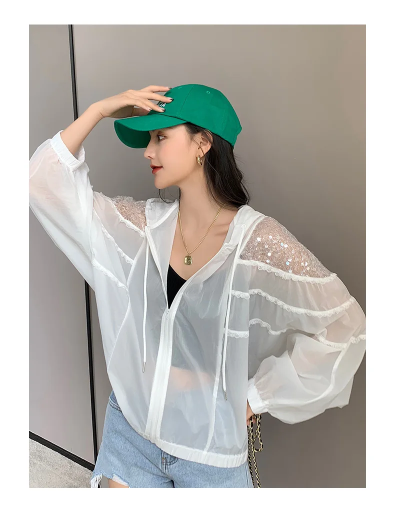 Amax luluE Summer 2024 British Fashion Sun Protective Clothing Ladies Sequins White Jackets Ladies Casual Hooded Oversized Coats