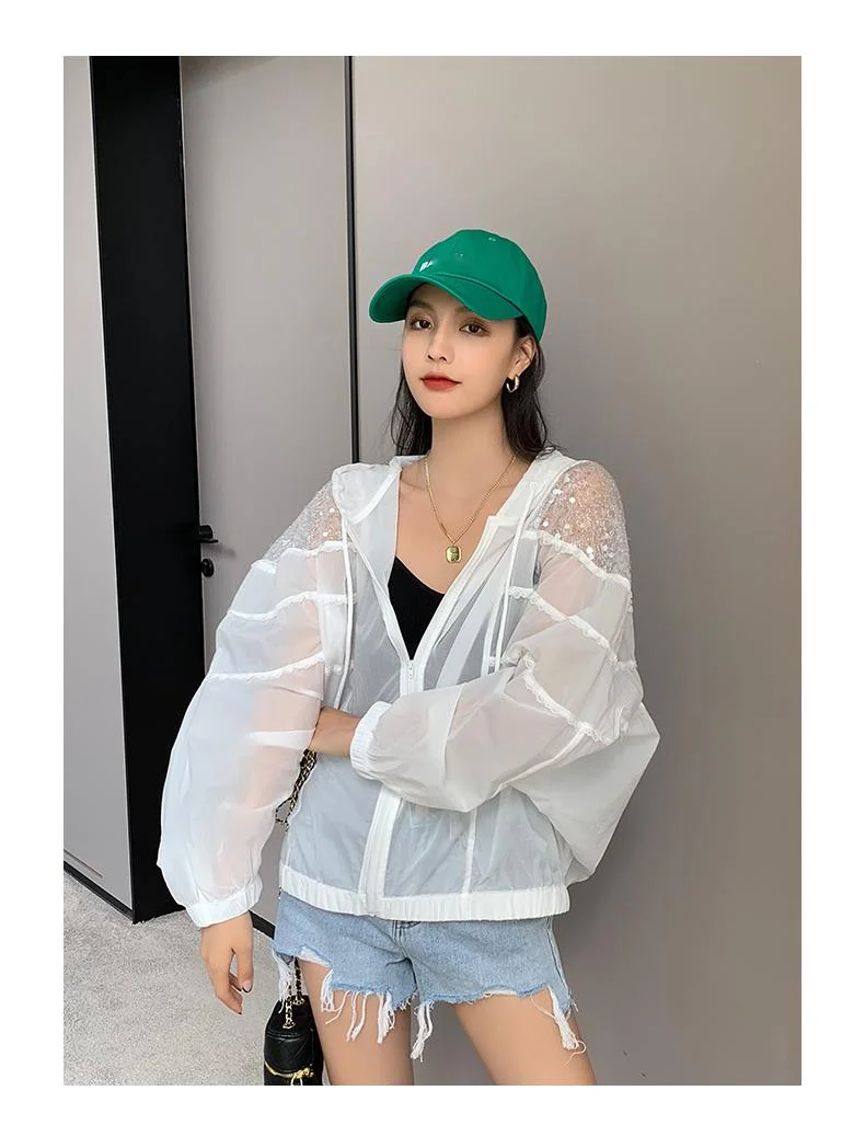 Amax luluE Summer 2024 British Fashion Sun Protective Clothing Ladies Sequins White Jackets Ladies Casual Hooded Oversized Coats