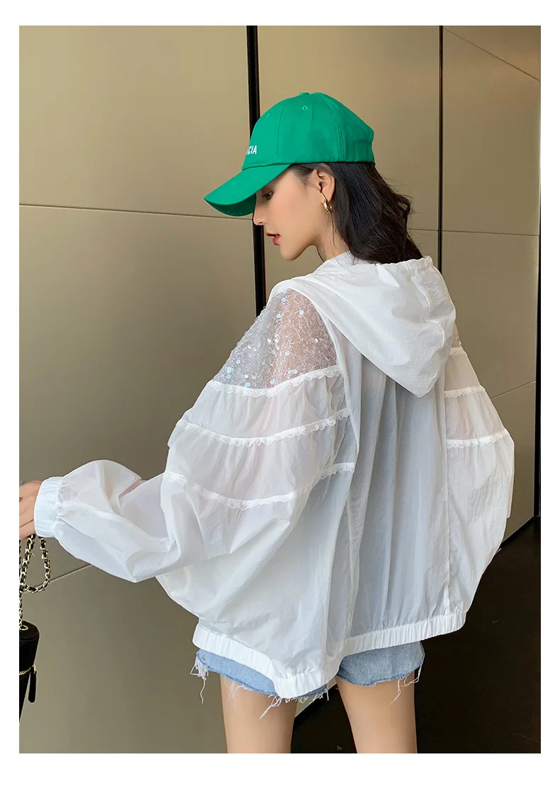 Amax luluE Summer 2024 British Fashion Sun Protective Clothing Ladies Sequins White Jackets Ladies Casual Hooded Oversized Coats