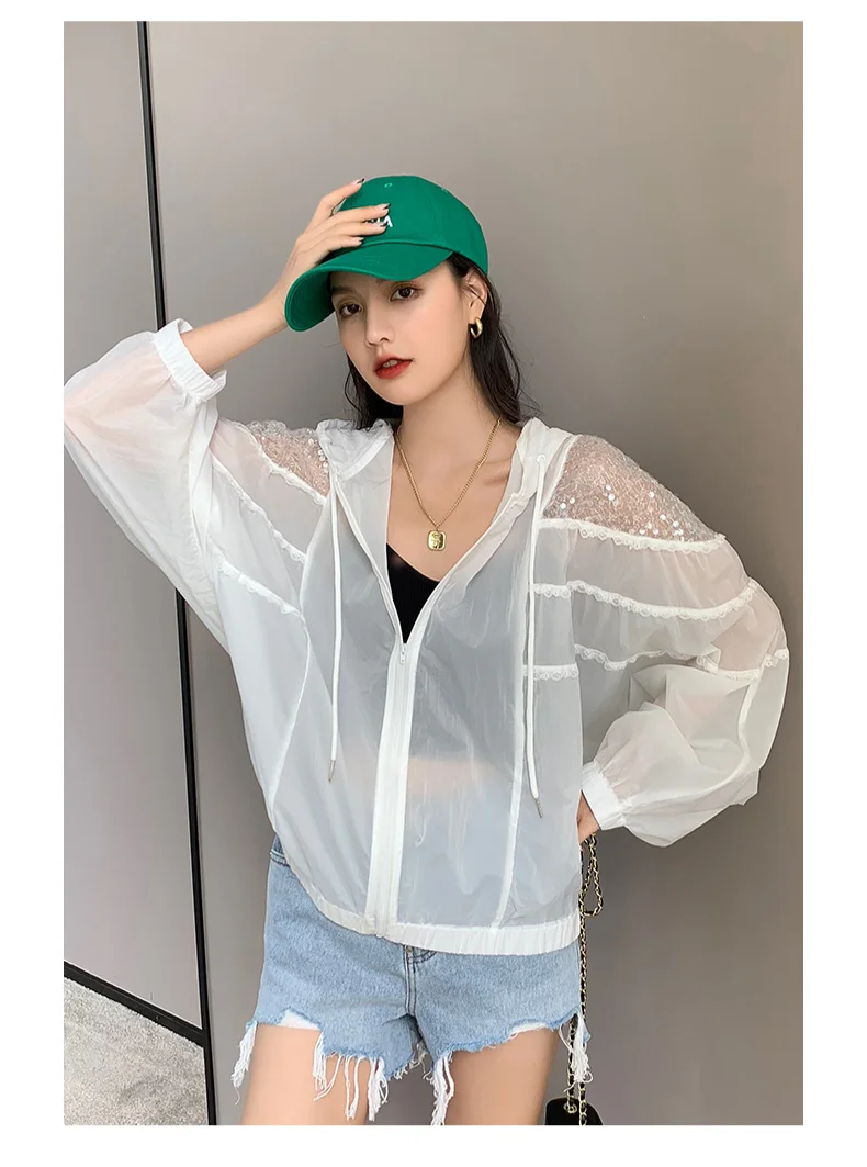Amax luluE Summer 2024 British Fashion Sun Protective Clothing Ladies Sequins White Jackets Ladies Casual Hooded Oversized Coats
