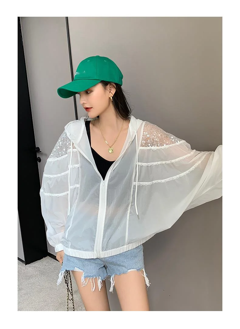 Amax luluE Summer 2024 British Fashion Sun Protective Clothing Ladies Sequins White Jackets Ladies Casual Hooded Oversized Coats