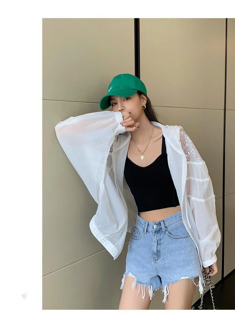 Amax luluE Summer 2024 British Fashion Sun Protective Clothing Ladies Sequins White Jackets Ladies Casual Hooded Oversized Coats