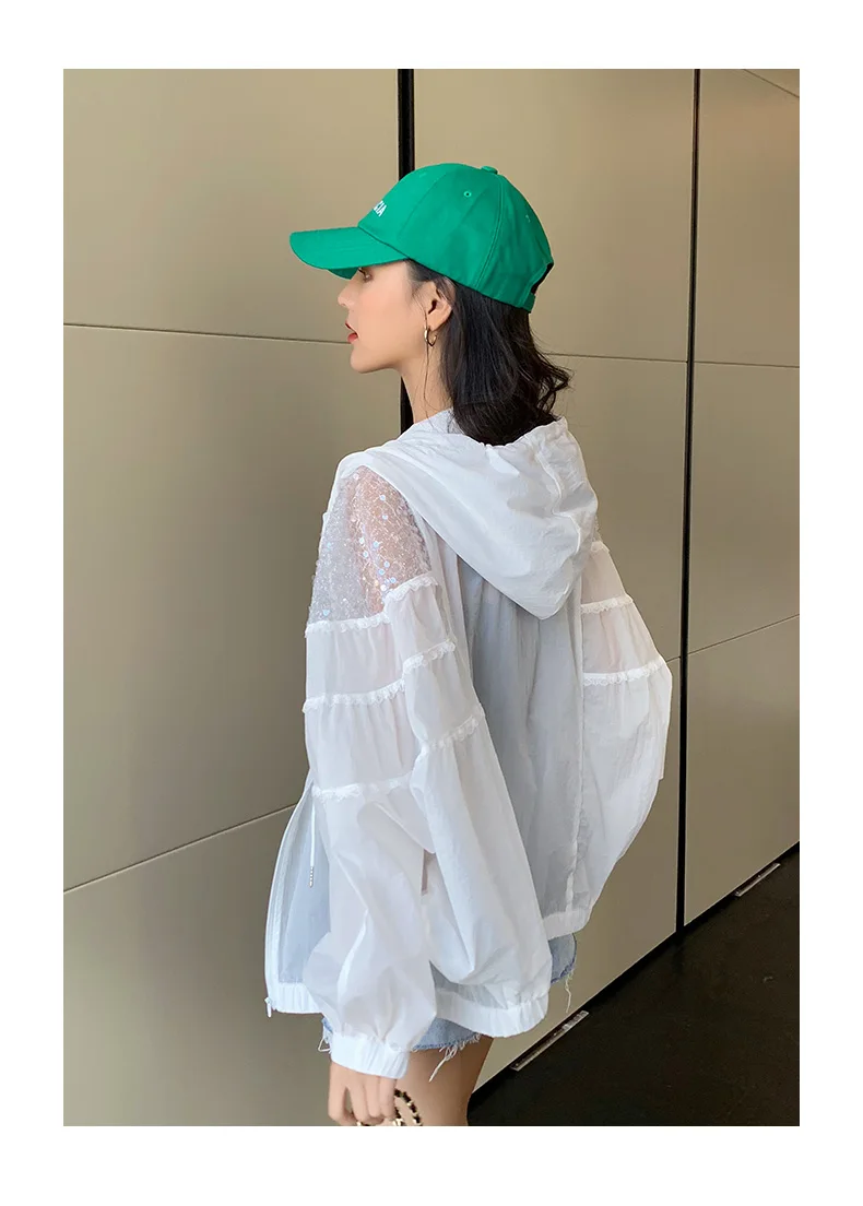 Amax luluE Summer 2024 British Fashion Sun Protective Clothing Ladies Sequins White Jackets Ladies Casual Hooded Oversized Coats