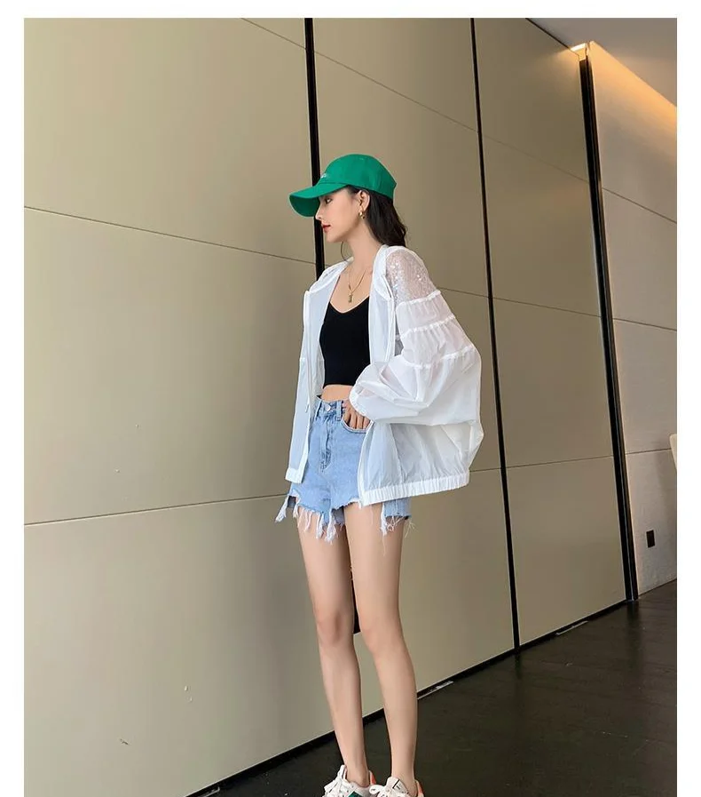 Amax luluE Summer 2024 British Fashion Sun Protective Clothing Ladies Sequins White Jackets Ladies Casual Hooded Oversized Coats