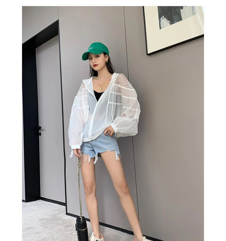 Amax luluE Summer 2024 British Fashion Sun Protective Clothing Ladies Sequins White Jackets Ladies Casual Hooded Oversized Coats