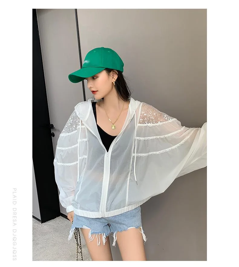 Amax luluE Summer 2024 British Fashion Sun Protective Clothing Ladies Sequins White Jackets Ladies Casual Hooded Oversized Coats