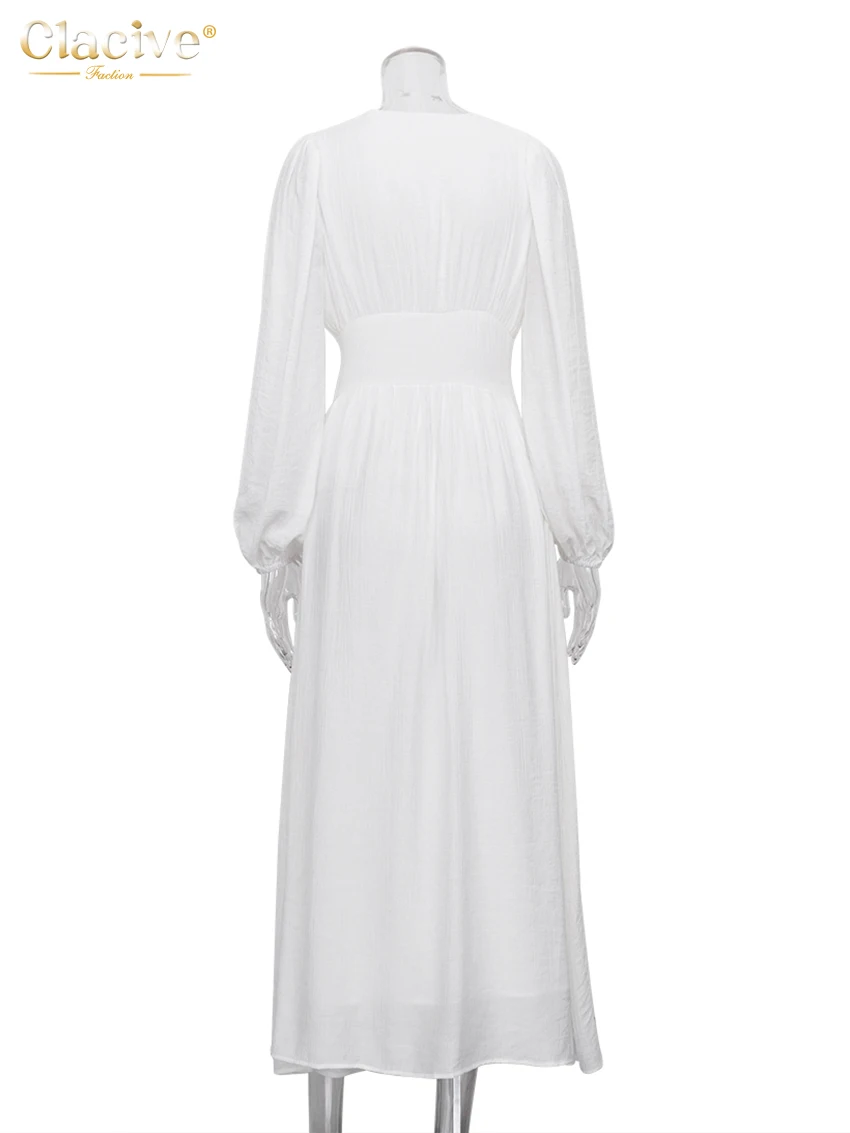 Clacive White Sexy Single-Breasted Women'S Dress 2022 Elegant Short Sleeve V-Neck Party Dresses Lady Casual Slim Midi Dress