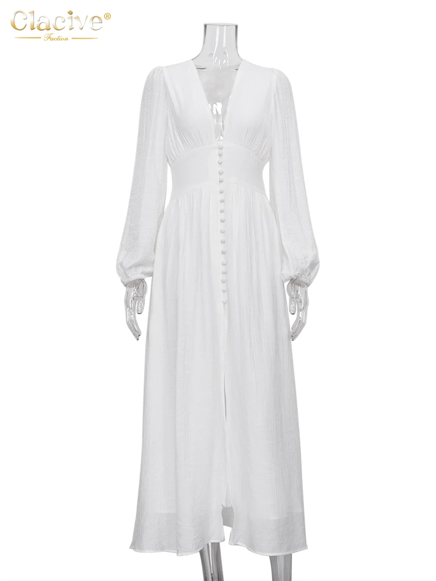 Clacive White Sexy Single-Breasted Women'S Dress 2022 Elegant Short Sleeve V-Neck Party Dresses Lady Casual Slim Midi Dress