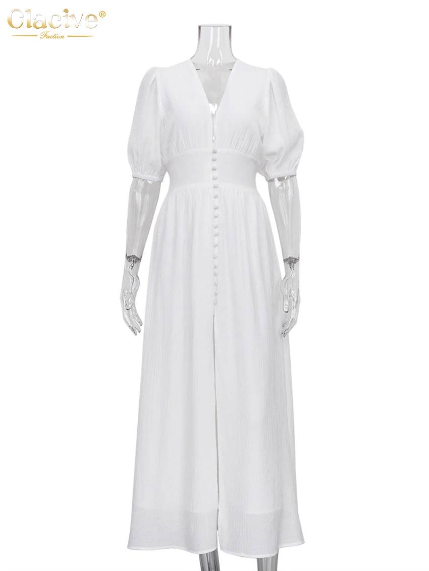 Clacive White Sexy Single-Breasted Women'S Dress 2022 Elegant Short Sleeve V-Neck Party Dresses Lady Casual Slim Midi Dress