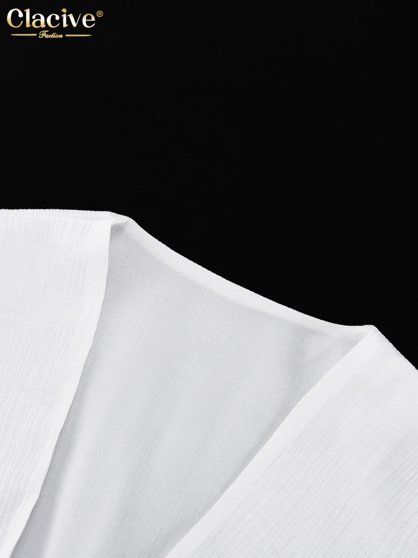 Clacive White Sexy Single-Breasted Women'S Dress 2022 Elegant Short Sleeve V-Neck Party Dresses Lady Casual Slim Midi Dress