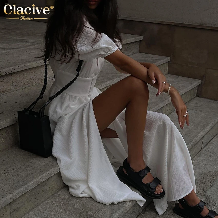 Clacive White Sexy Single-Breasted Women'S Dress 2022 Elegant Short Sleeve V-Neck Party Dresses Lady Casual Slim Midi Dress