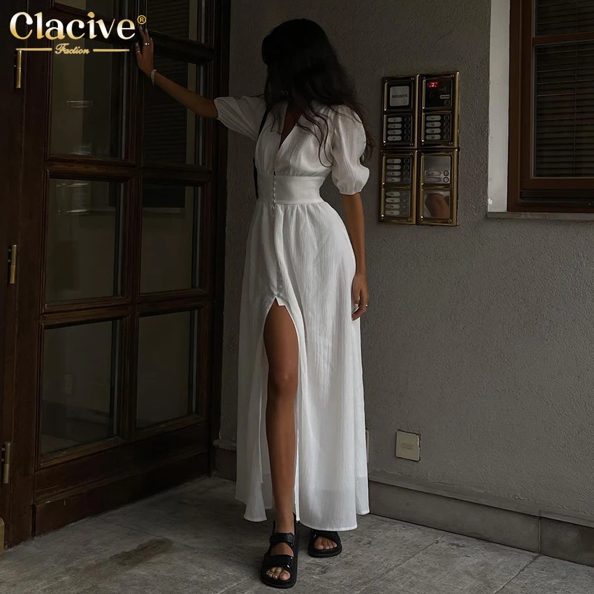 Clacive White Sexy Single-Breasted Women'S Dress 2022 Elegant Short Sleeve V-Neck Party Dresses Lady Casual Slim Midi Dress
