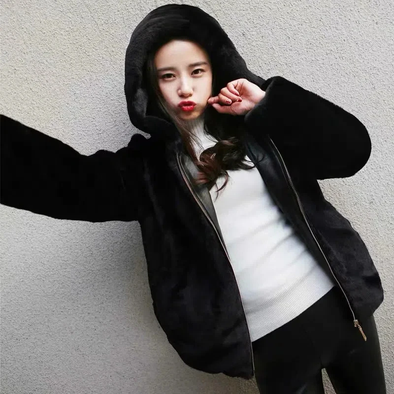 Lucyever High Quality Faux Rabbit Fur Hooded Coat Women Black Luxury Faux Fur Jacket Female Winter Zip Thick Warm Furry Coats