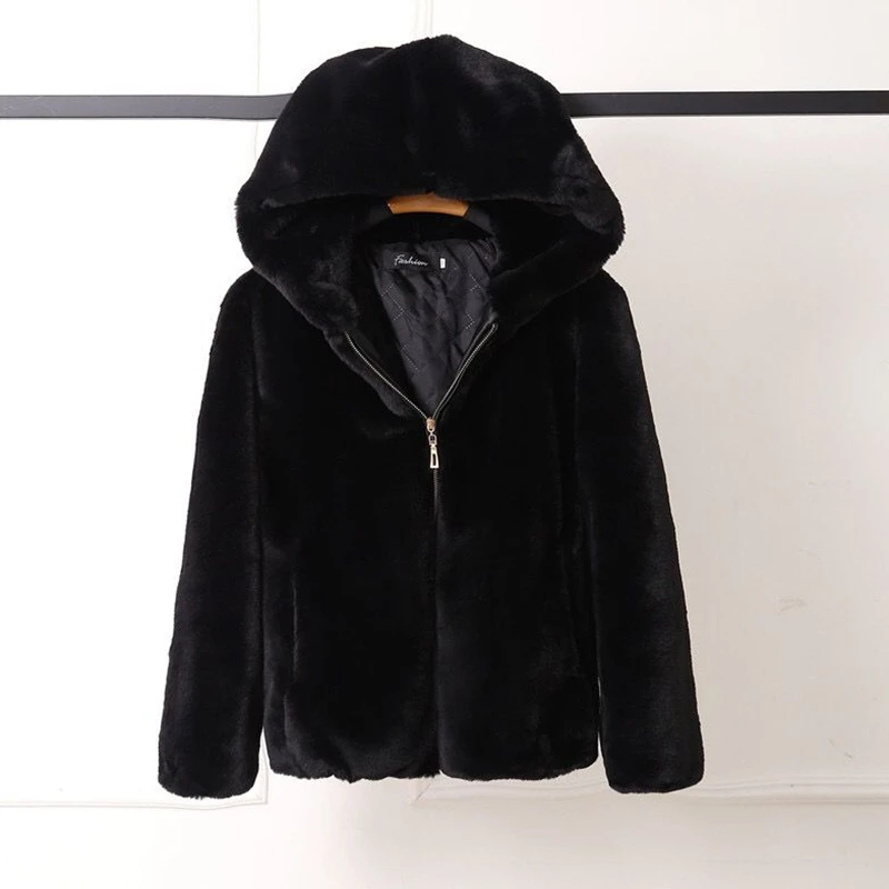 Lucyever High Quality Faux Rabbit Fur Hooded Coat Women Black Luxury Faux Fur Jacket Female Winter Zip Thick Warm Furry Coats