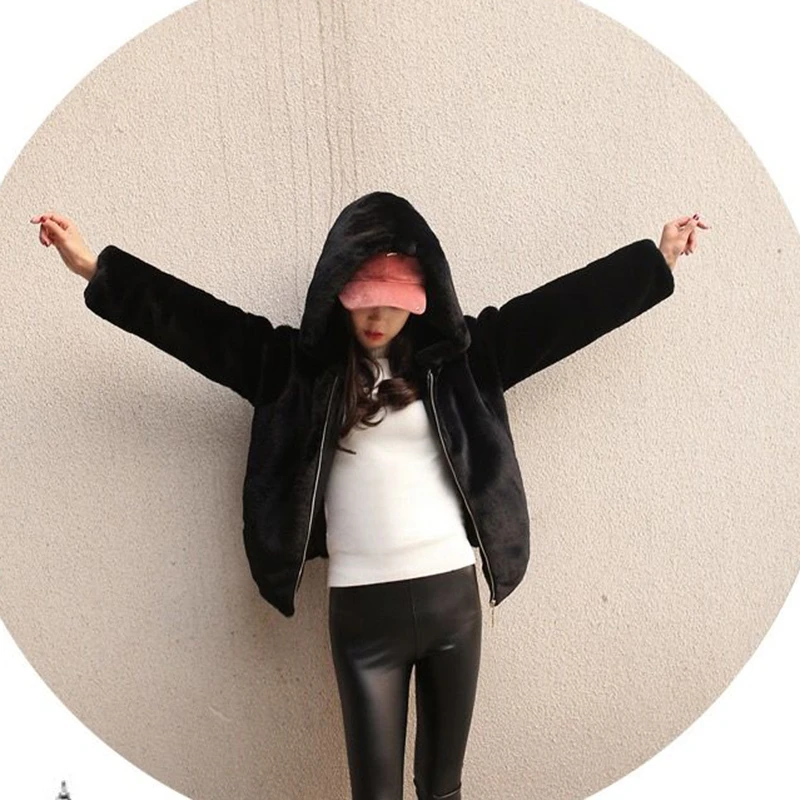 Lucyever High Quality Faux Rabbit Fur Hooded Coat Women Black Luxury Faux Fur Jacket Female Winter Zip Thick Warm Furry Coats