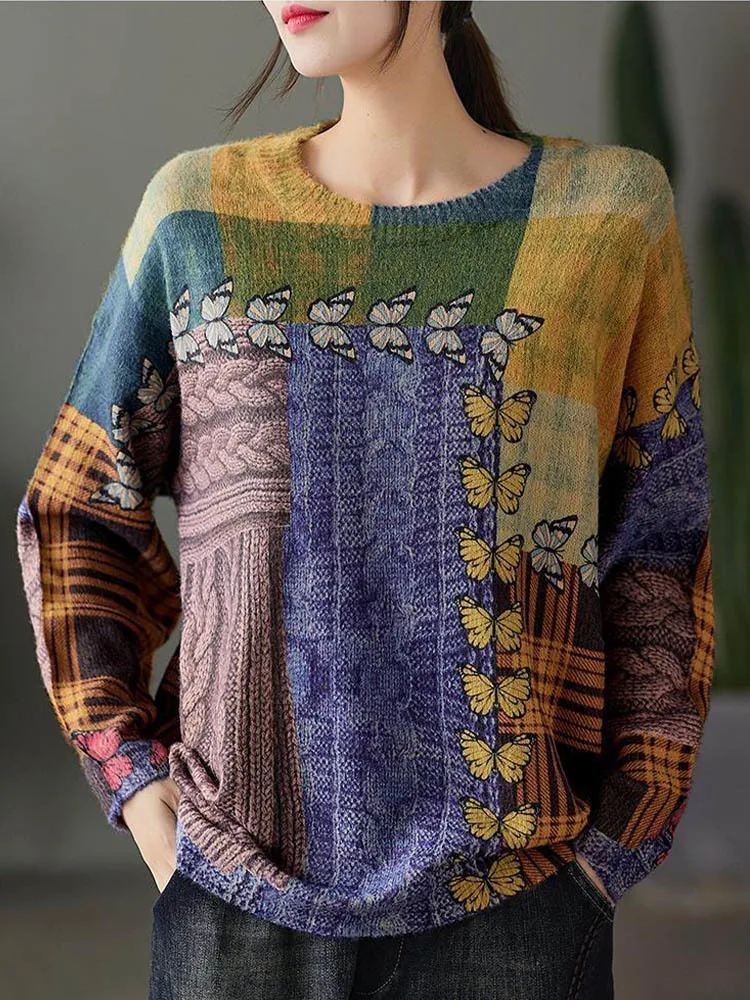 Amax luluE Winter Korean Design New Sweaters 2024 Womens Printed Butterfly Jumpers Loose Patchwork Clothes Leisure Punk Pullover