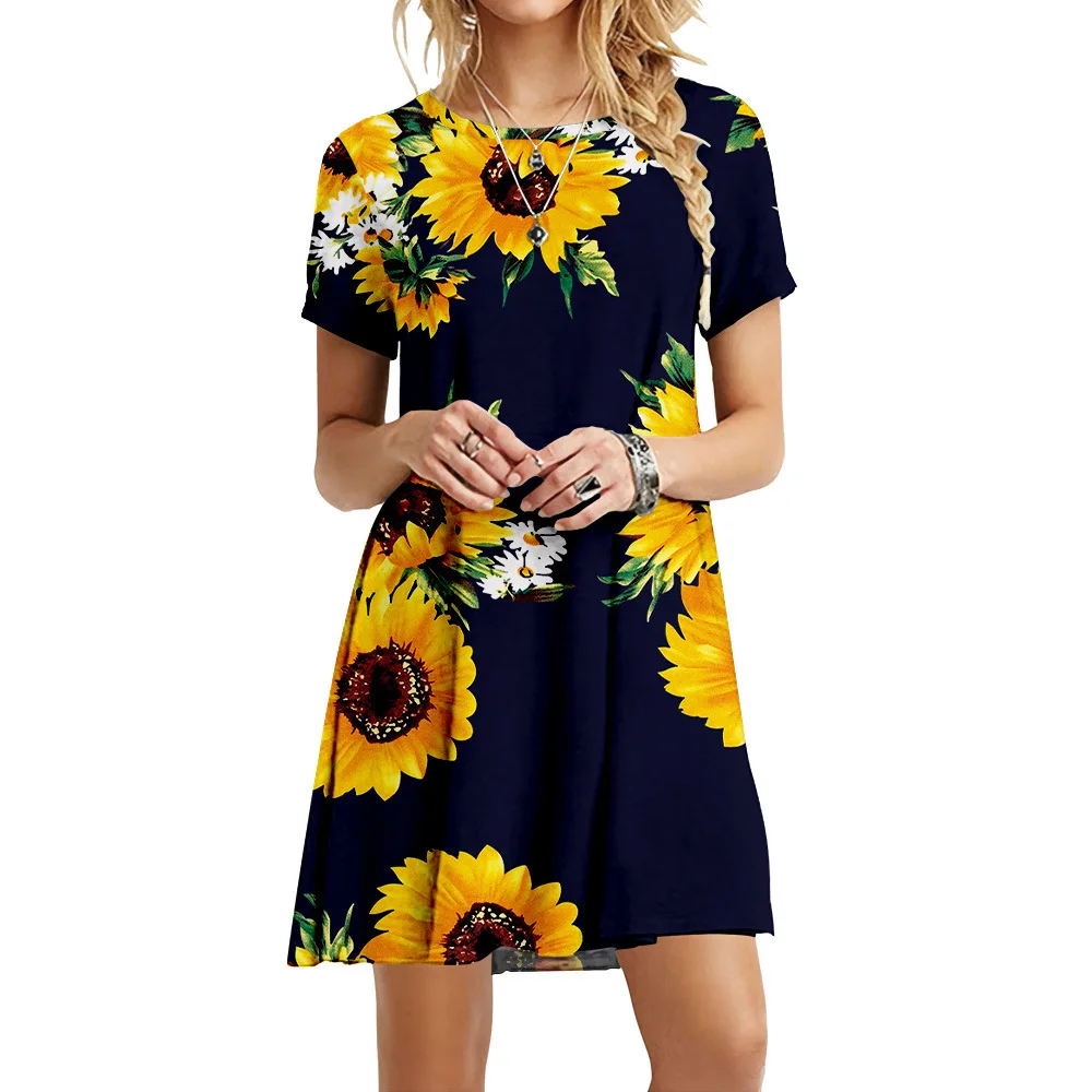 Hot Sale Dresses For Summer 2022 New Women Boho Sunflower Print Dress Casual O-Neck Short Sleeve Loose Ladies Oversized Dress