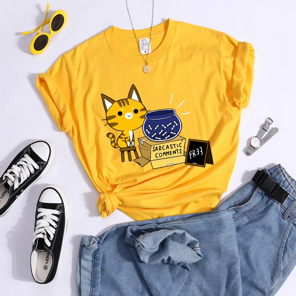 Sarcastic Comments Kawaii Cat T-Shirt Women Fashion Casual T Shirts Street Hip Hop Crop Top Cool Sport Breathable Female Tshirts