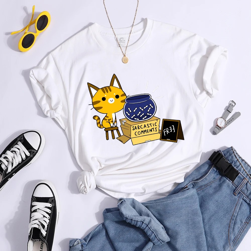 Sarcastic Comments Kawaii Cat T-Shirt Women Fashion Casual T Shirts Street Hip Hop Crop Top Cool Sport Breathable Female Tshirts