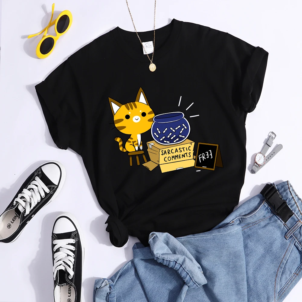 Sarcastic Comments Kawaii Cat T-Shirt Women Fashion Casual T Shirts Street Hip Hop Crop Top Cool Sport Breathable Female Tshirts