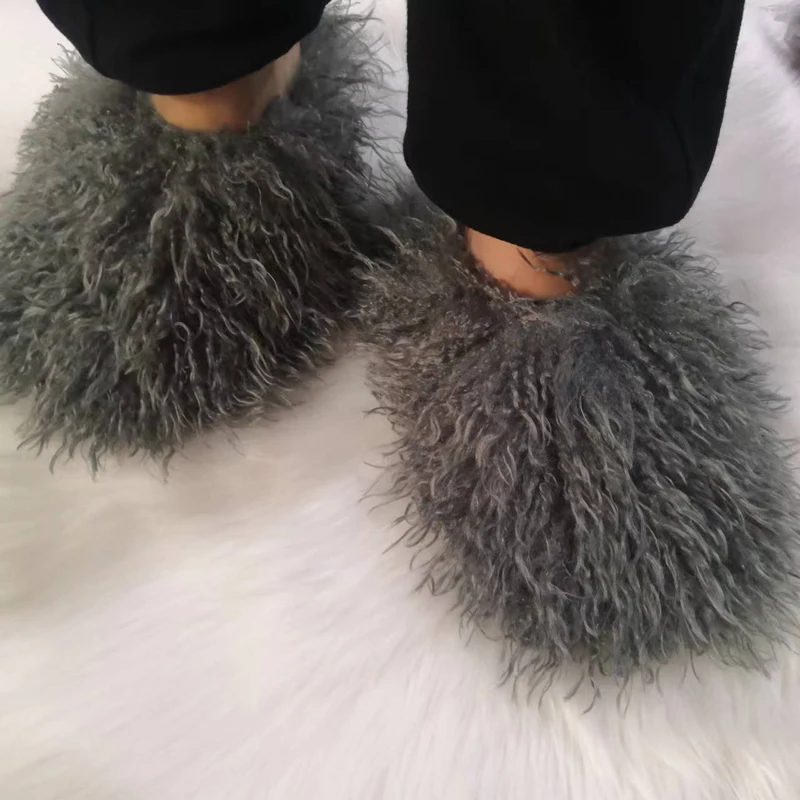 New Fluffy Long Hair Slippers Pink Sheep Fur Slippers Winter Women Plush Flat Shoes Outdoor Indoor Slippers Mongolian Fur Slides