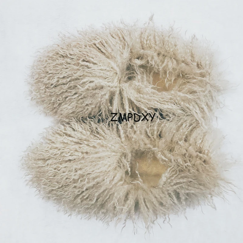 New Fluffy Long Hair Slippers Pink Sheep Fur Slippers Winter Women Plush Flat Shoes Outdoor Indoor Slippers Mongolian Fur Slides