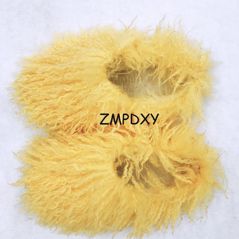 New Fluffy Long Hair Slippers Pink Sheep Fur Slippers Winter Women Plush Flat Shoes Outdoor Indoor Slippers Mongolian Fur Slides