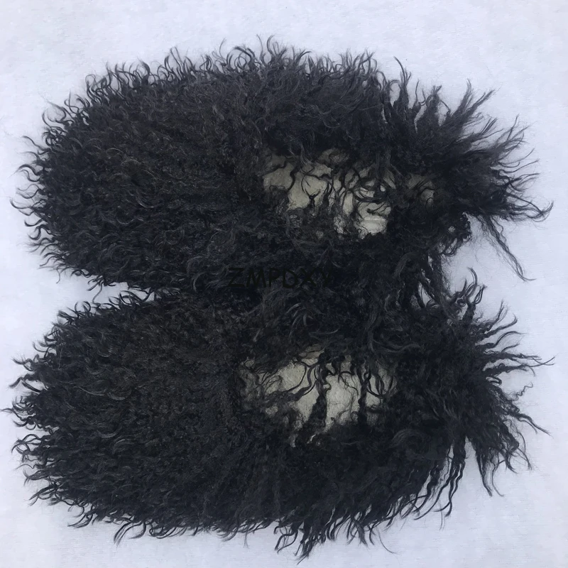 New Fluffy Long Hair Slippers Pink Sheep Fur Slippers Winter Women Plush Flat Shoes Outdoor Indoor Slippers Mongolian Fur Slides