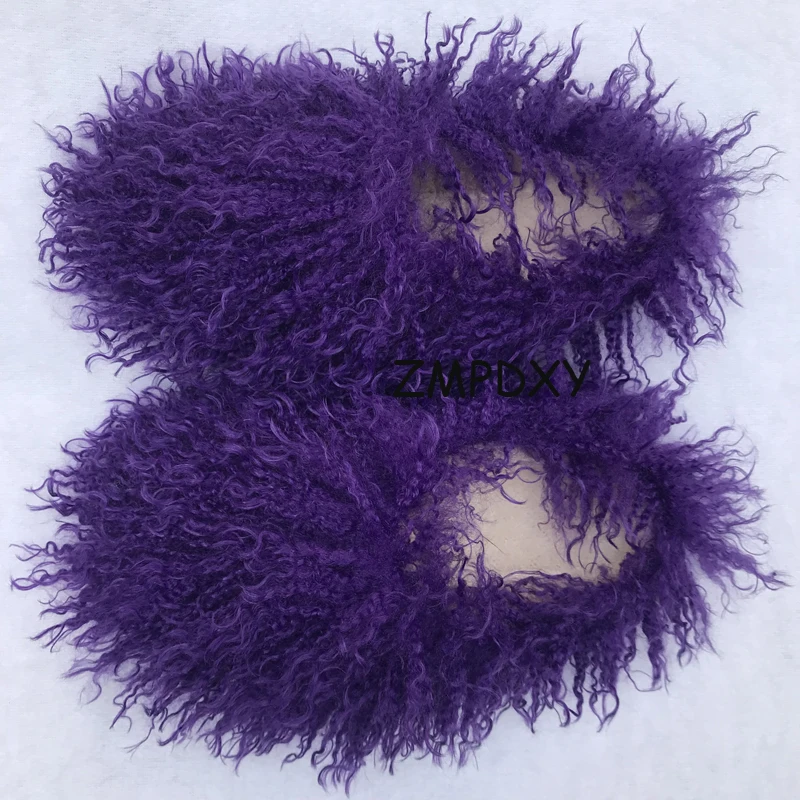 New Fluffy Long Hair Slippers Pink Sheep Fur Slippers Winter Women Plush Flat Shoes Outdoor Indoor Slippers Mongolian Fur Slides