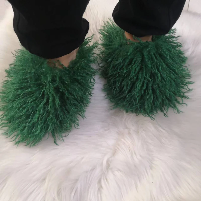 New Fluffy Long Hair Slippers Pink Sheep Fur Slippers Winter Women Plush Flat Shoes Outdoor Indoor Slippers Mongolian Fur Slides