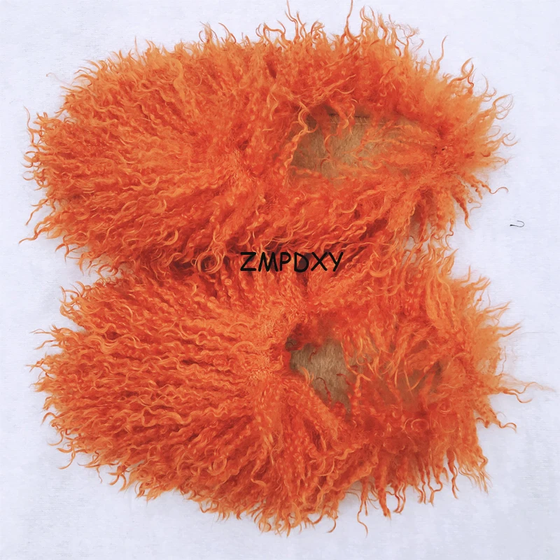 New Fluffy Long Hair Slippers Pink Sheep Fur Slippers Winter Women Plush Flat Shoes Outdoor Indoor Slippers Mongolian Fur Slides