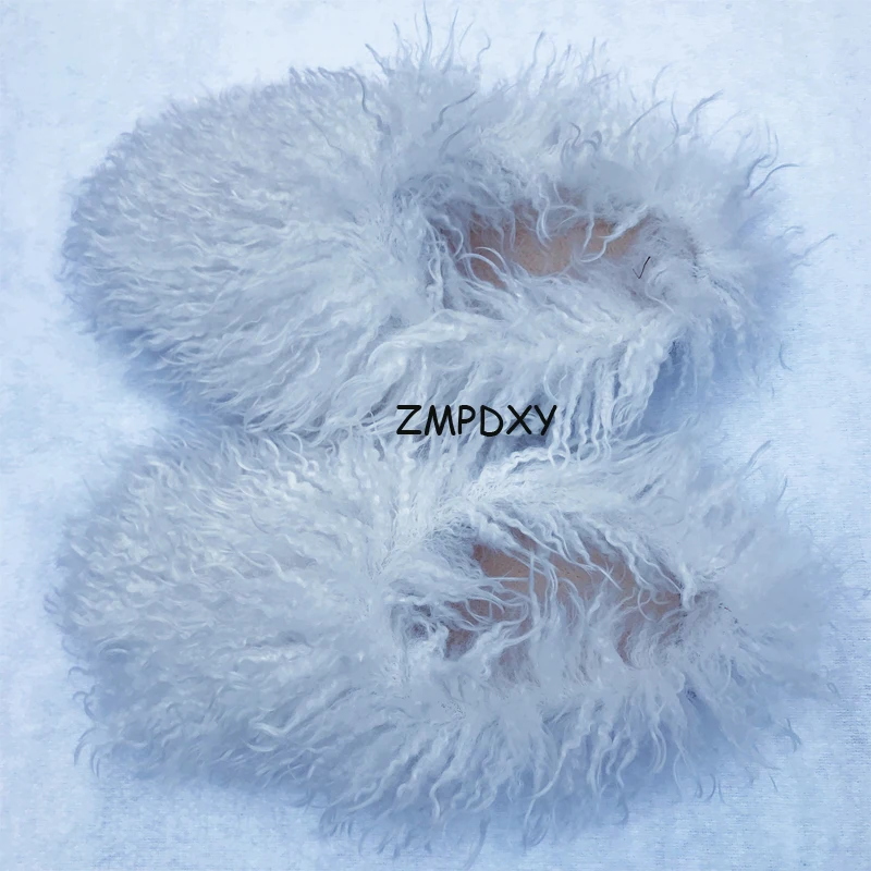 New Fluffy Long Hair Slippers Pink Sheep Fur Slippers Winter Women Plush Flat Shoes Outdoor Indoor Slippers Mongolian Fur Slides