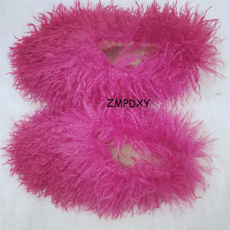 New Fluffy Long Hair Slippers Pink Sheep Fur Slippers Winter Women Plush Flat Shoes Outdoor Indoor Slippers Mongolian Fur Slides