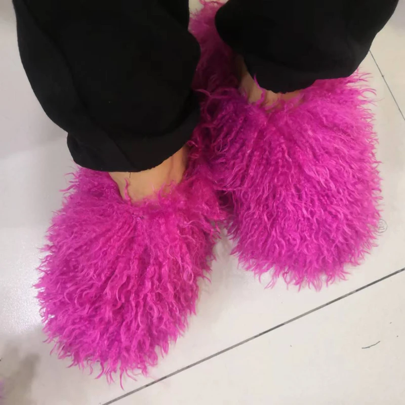 New Fluffy Long Hair Slippers Pink Sheep Fur Slippers Winter Women Plush Flat Shoes Outdoor Indoor Slippers Mongolian Fur Slides