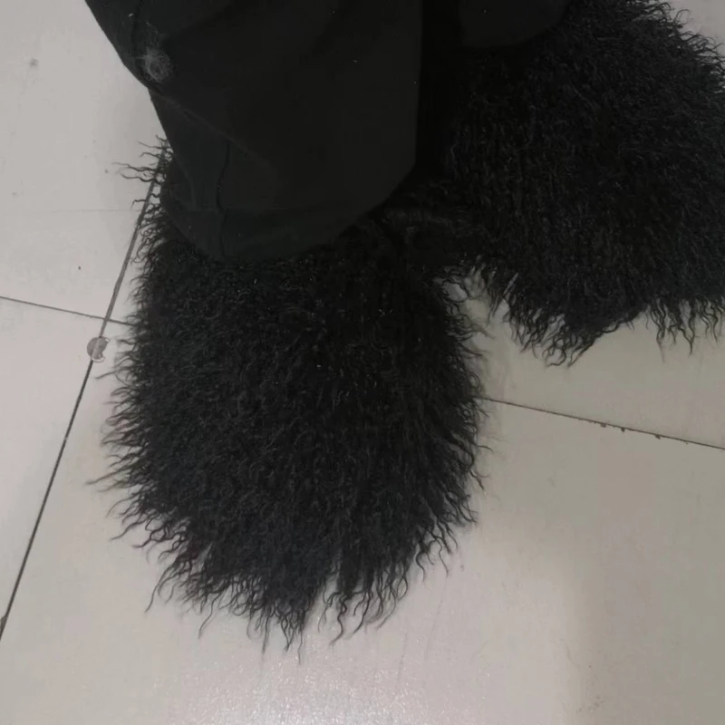 New Fluffy Long Hair Slippers Pink Sheep Fur Slippers Winter Women Plush Flat Shoes Outdoor Indoor Slippers Mongolian Fur Slides
