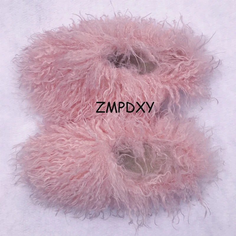 New Fluffy Long Hair Slippers Pink Sheep Fur Slippers Winter Women Plush Flat Shoes Outdoor Indoor Slippers Mongolian Fur Slides