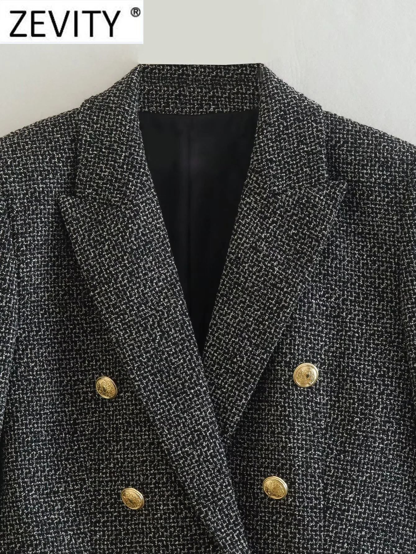 ZEVITY Women Vintage Notched Collar Houndstooth Pattern Tweed Woolen Blazer Coat Female Outerwear Chic Suits Veste Tops CT2994