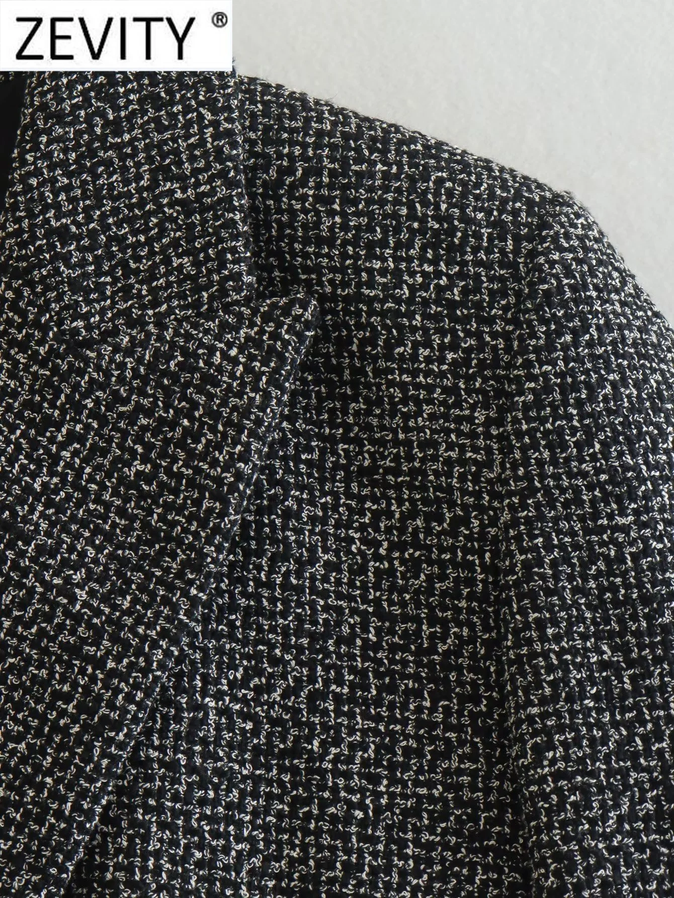 ZEVITY Women Vintage Notched Collar Houndstooth Pattern Tweed Woolen Blazer Coat Female Outerwear Chic Suits Veste Tops CT2994
