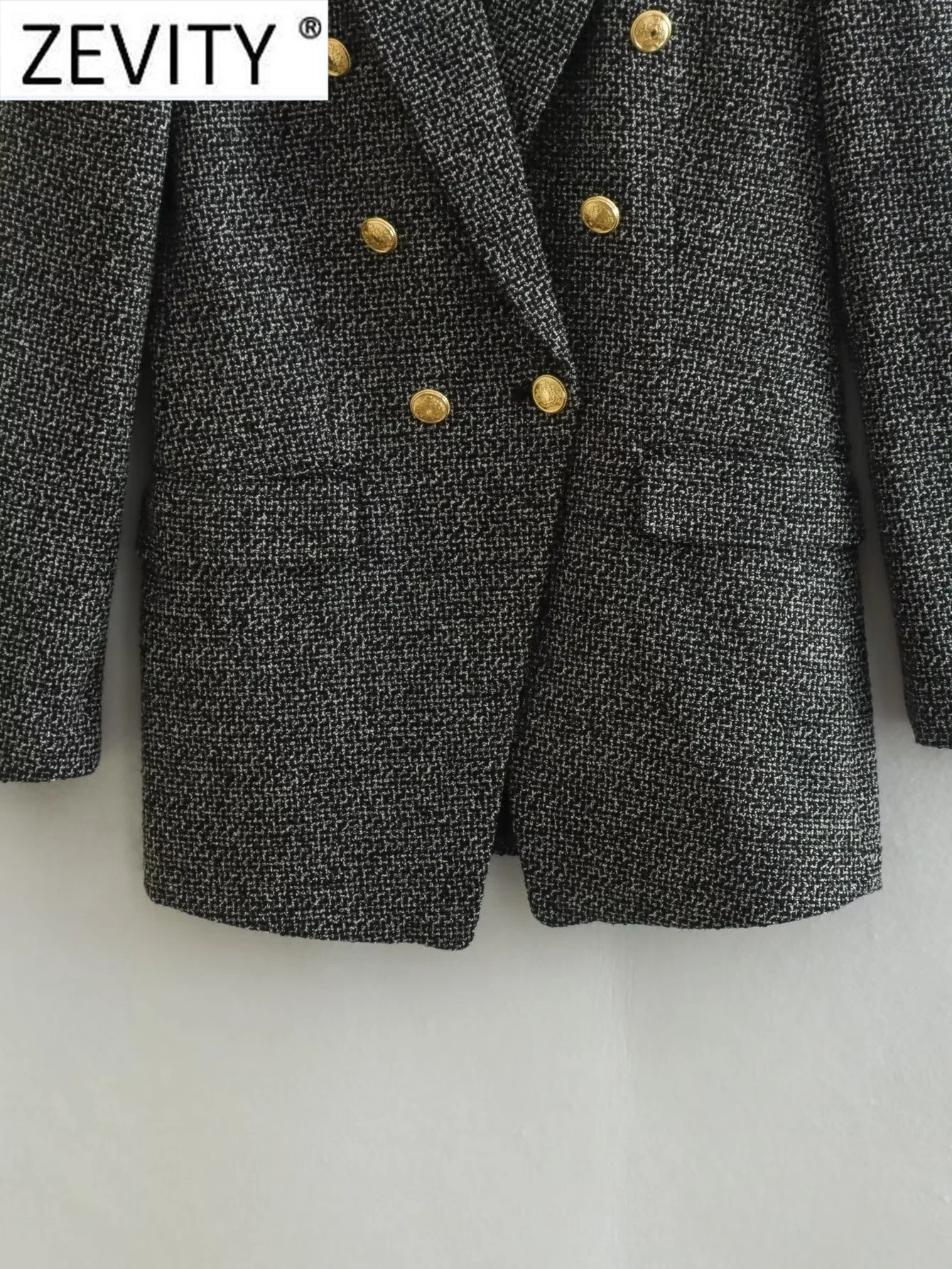 ZEVITY Women Vintage Notched Collar Houndstooth Pattern Tweed Woolen Blazer Coat Female Outerwear Chic Suits Veste Tops CT2994