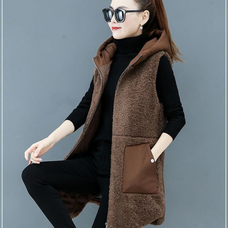 Women Lamb Wool Vest Coat Autumn Winter Warm Hooded Cardigan Sleeveless Tops Free Shipping Plus Size Loose Korean Fashion Thick