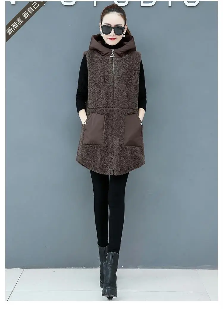 Women Lamb Wool Vest Coat Autumn Winter Warm Hooded Cardigan Sleeveless Tops Free Shipping Plus Size Loose Korean Fashion Thick