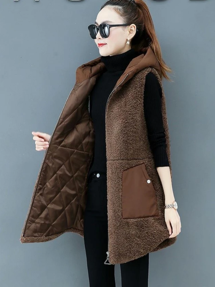 Women Lamb Wool Vest Coat Autumn Winter Warm Hooded Cardigan Sleeveless Tops Free Shipping Plus Size Loose Korean Fashion Thick