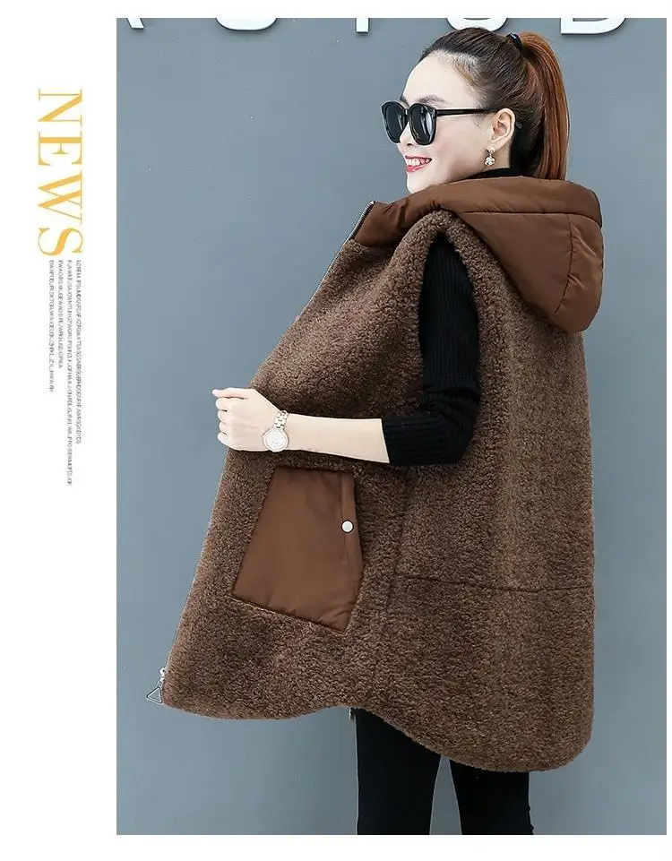 Women Lamb Wool Vest Coat Autumn Winter Warm Hooded Cardigan Sleeveless Tops Free Shipping Plus Size Loose Korean Fashion Thick