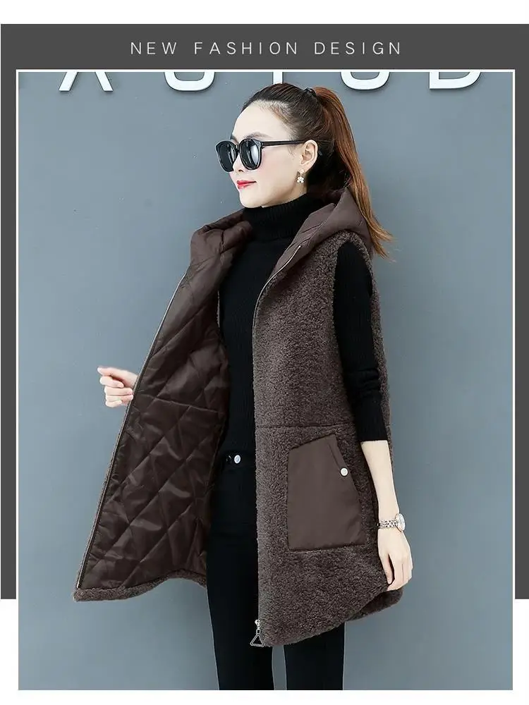 Women Lamb Wool Vest Coat Autumn Winter Warm Hooded Cardigan Sleeveless Tops Free Shipping Plus Size Loose Korean Fashion Thick