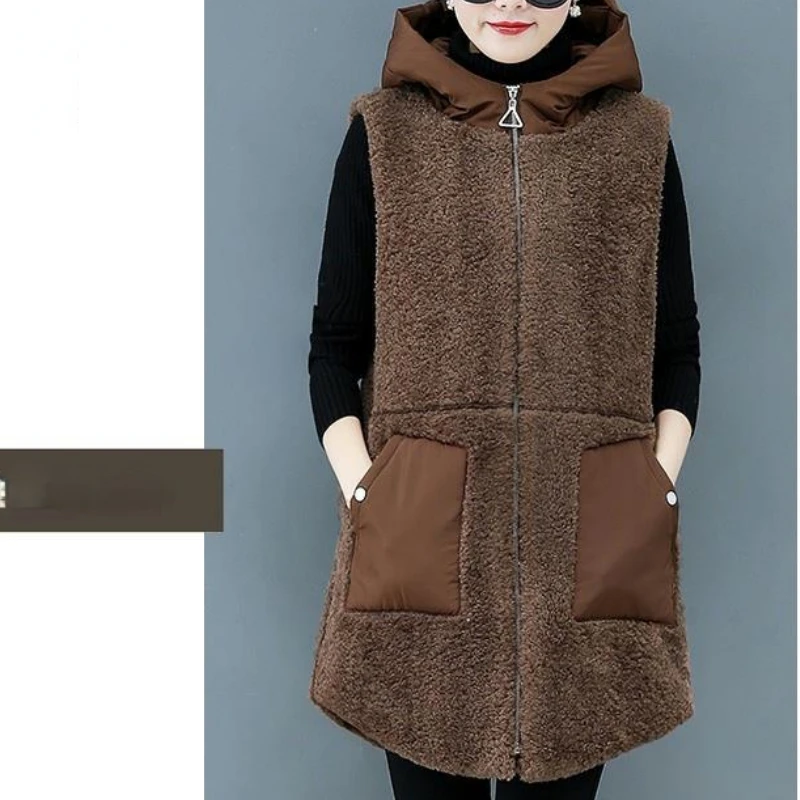 Women Lamb Wool Vest Coat Autumn Winter Warm Hooded Cardigan Sleeveless Tops Free Shipping Plus Size Loose Korean Fashion Thick