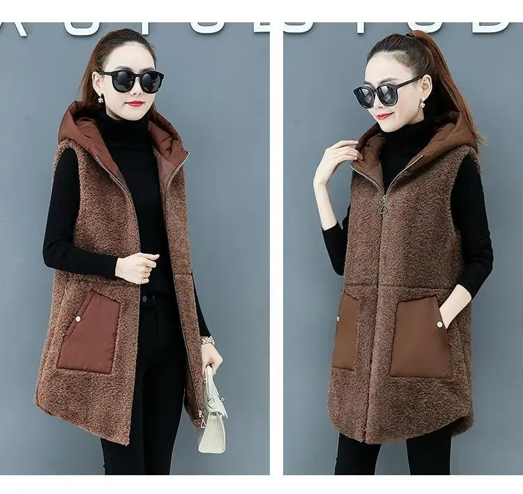 Women Lamb Wool Vest Coat Autumn Winter Warm Hooded Cardigan Sleeveless Tops Free Shipping Plus Size Loose Korean Fashion Thick