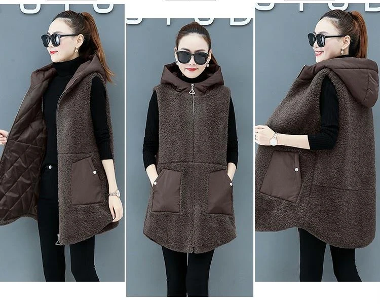 Women Lamb Wool Vest Coat Autumn Winter Warm Hooded Cardigan Sleeveless Tops Free Shipping Plus Size Loose Korean Fashion Thick