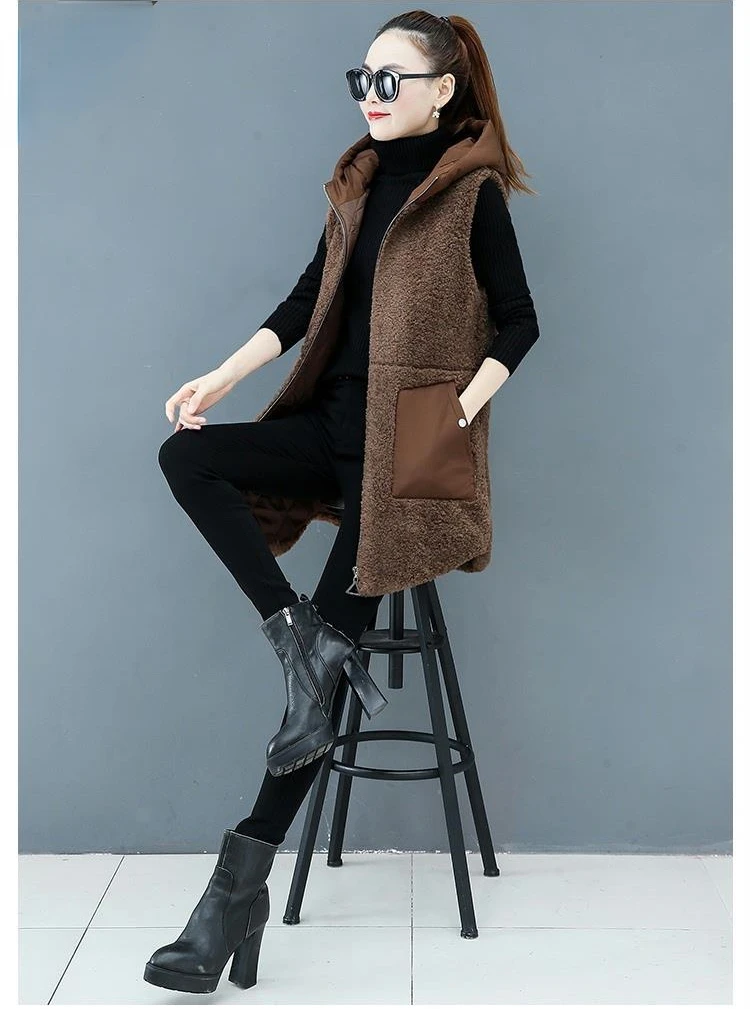 Women Lamb Wool Vest Coat Autumn Winter Warm Hooded Cardigan Sleeveless Tops Free Shipping Plus Size Loose Korean Fashion Thick