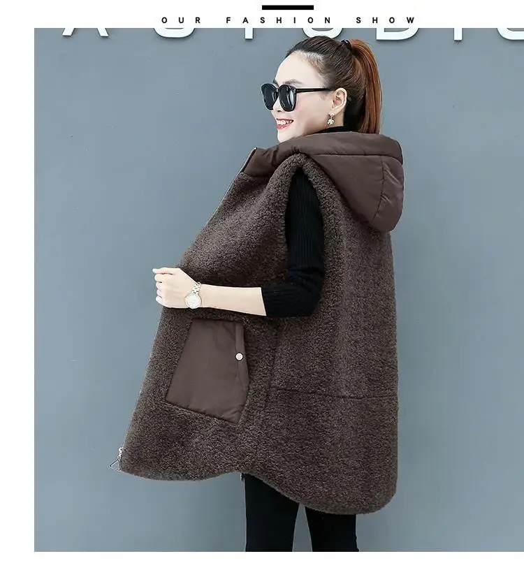 Women Lamb Wool Vest Coat Autumn Winter Warm Hooded Cardigan Sleeveless Tops Free Shipping Plus Size Loose Korean Fashion Thick
