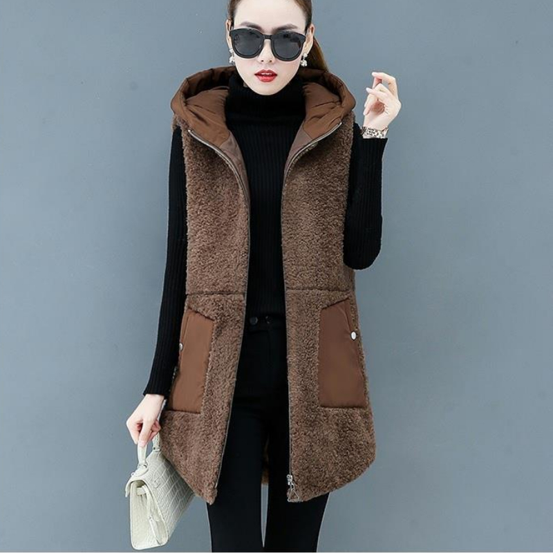 Women Lamb Wool Vest Coat Autumn Winter Warm Hooded Cardigan Sleeveless Tops Free Shipping Plus Size Loose Korean Fashion Thick